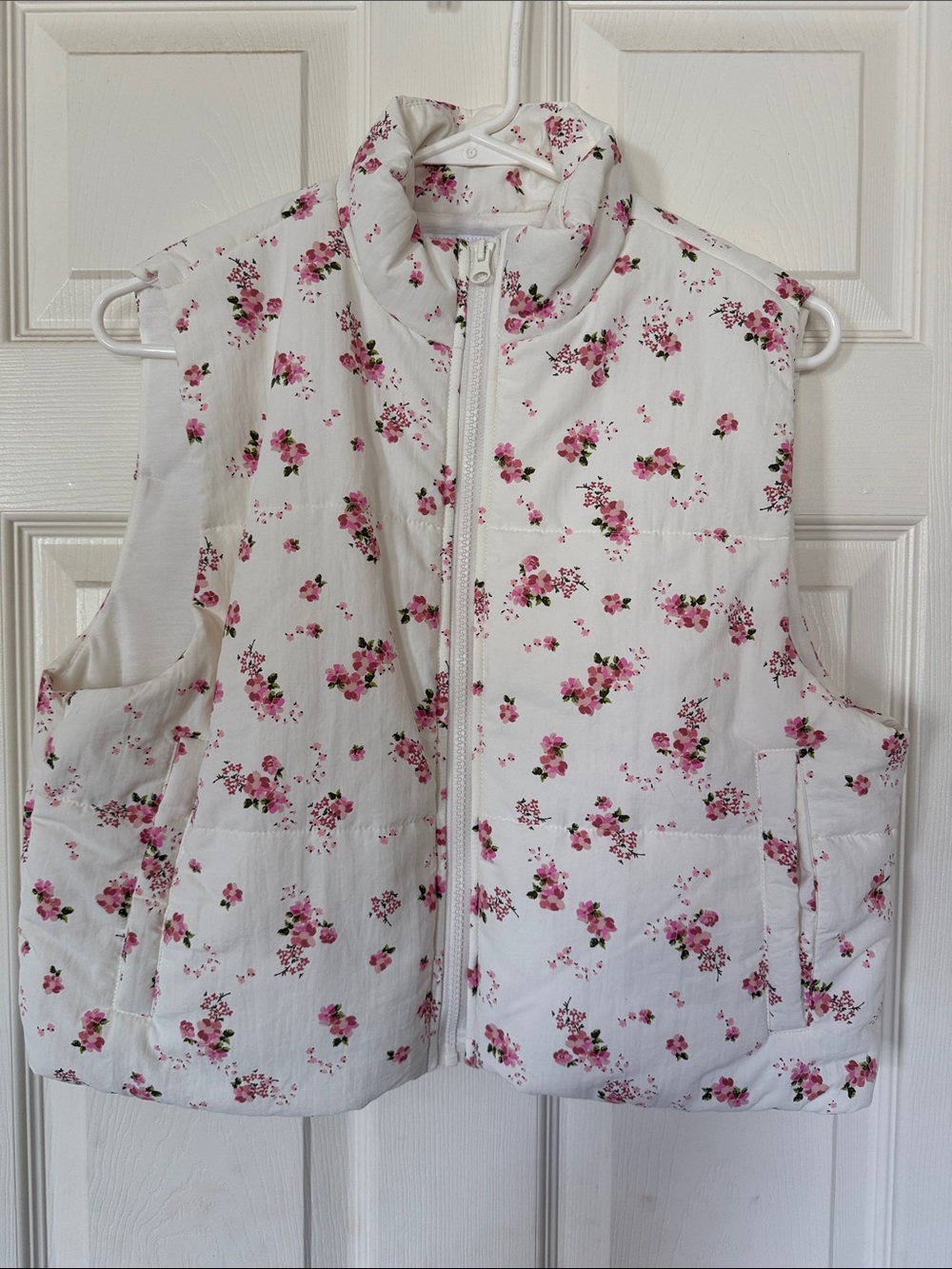 love, Fire White floral puffy vest with Delicate Pink Detail
